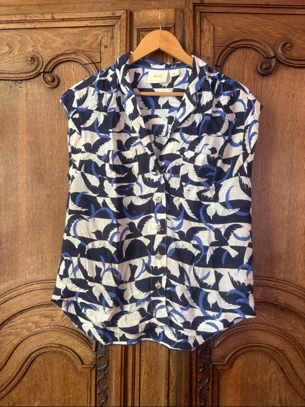 Anthropologie Maeve Blue/White Bird Print Shirt